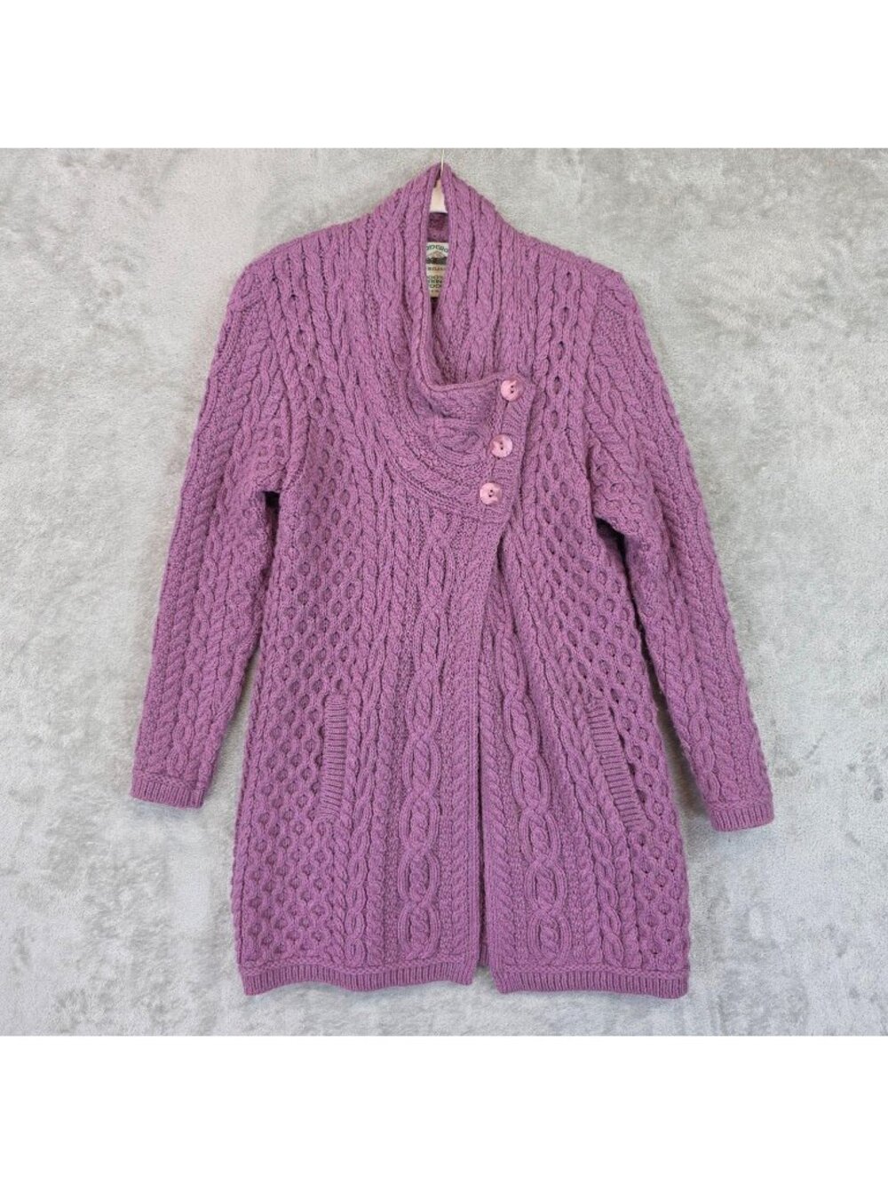 Aran Crafts Cardigan Sweater Womens Small Purple Merino Wool Cowl Cable Knit